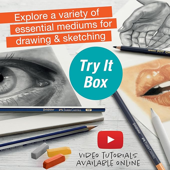 Faber-Castell Try It Box: Monochrome, 27 Piece Drawing Art Kit featuring Colored Pencils, Graphite, and Charcoal Pencils, Professional Art Supplies for Adults, Teens, and Beginners