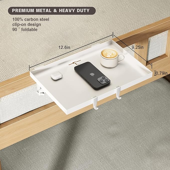 Magheo Bedside Shelf Foldable, Metal Clip-On Bunk Bed Table Shelf for Top Bunk Heavy Duty Bed Side Table Tray for College Dorm Room Essentials, Loft Nightstand Organizer Tray with 1 Cord Hole(White)