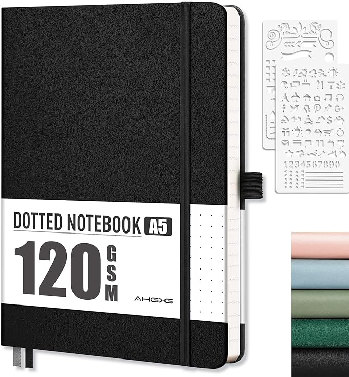AHGXG Dotted Journal - Dot Grid Notebook Journal, 120 GSM Thick Acid-Free Paper, A5 Dotted Notebook 160 Pages, Leather Hardcover, Inner Pocket, Journal Stencil, 5.7'' × 8.3'', Black