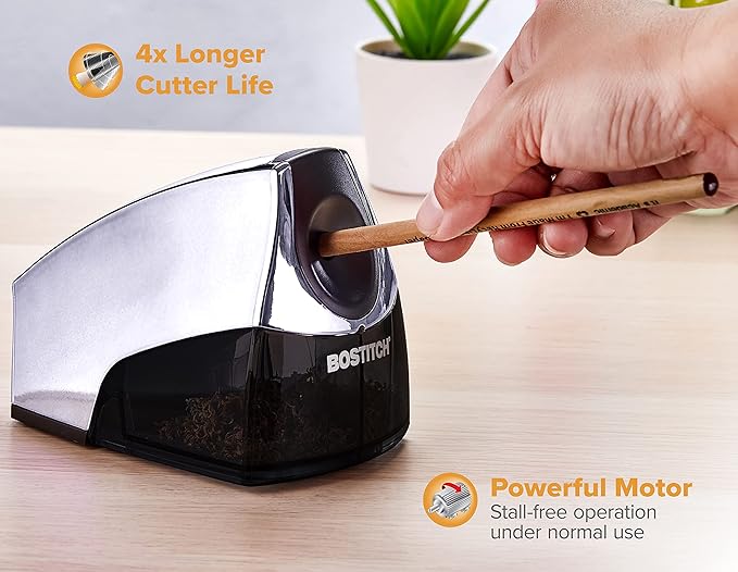 Bostitch Office Electric Pencil Sharpener for Classroom & Desk Use, Heavy-Duty Stall-Free Motor, High-Capacity Shavings Tray, Chrome