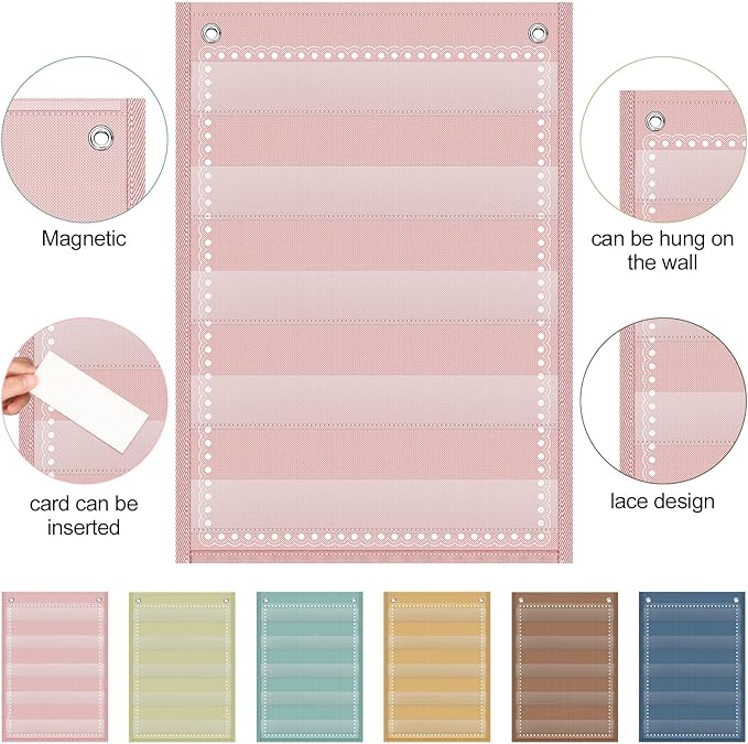 Gueevin 6 Set Magnetic Pocket Chart with 5 Clear Pockets and 30 Dry Erase Cards Painted Classroom Schedule Pocket Chart for Whiteboard Class Demonstrations(Vintage Color,Stripes Pattern)