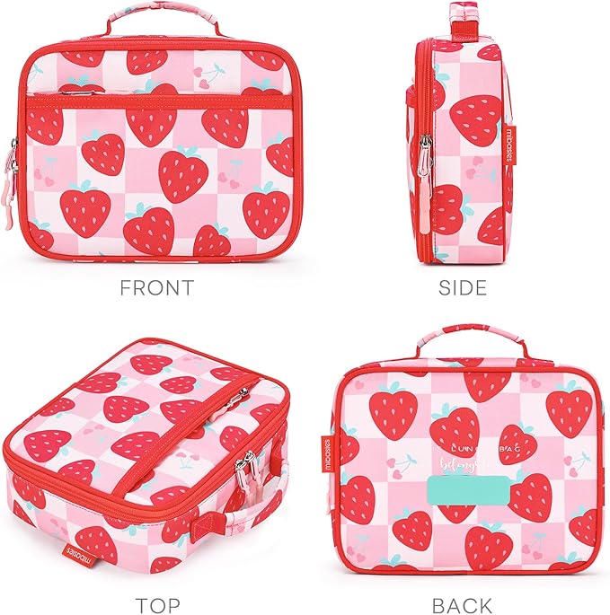 mibasies Kids Lunch Box for Girls Toddler, Insulated and Reusable Lunch Bag for School, Strawberry Checkerboard