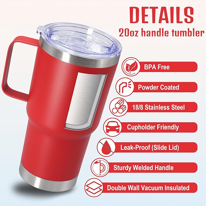 20 oz Tumbler with Handle and Lid, Stainless Steel Tumbler Insulated Travel Coffee Mug, Spill Proof Double Wall Vacuum Tumbler Cup Keep Drink Hot & Cold, Red, 12 Pack