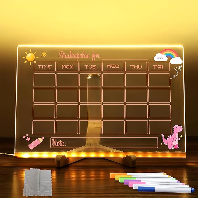 LED Acrylic Erase Board Calendar with Stand，Clear Desktop Calendar Whiteboard for Desk with 7 Color Markers Erasable Markers，Weekly&Monthly Planner，for Home, Office, School, Birthday Gift (Pink)
