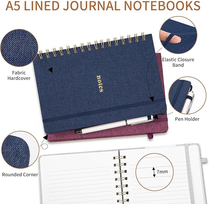 A5 Spiral Notebook – Hardcover Journal 160 Lined Pages 100 GSM Thick Paper With Elastic Band & Pen Holder College Ruled Writing Notebooks for Work School Travel Dark Blue