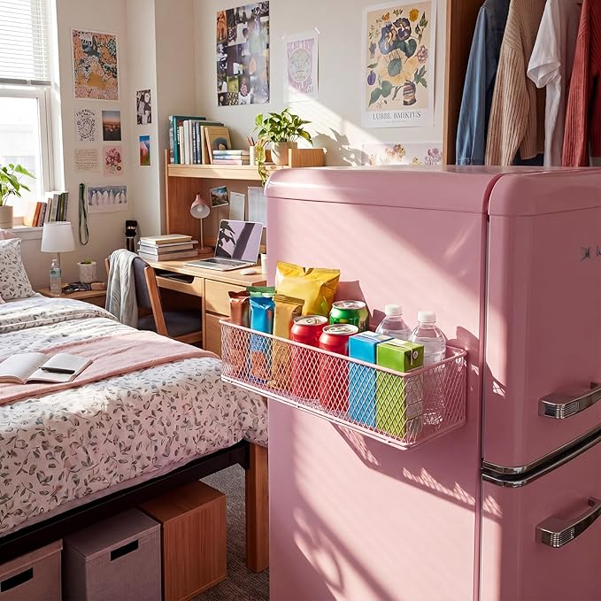 FoldTier 1 Pack Pink Magnetic Basket Fridge Organizer, Magnetic Shelf Containers Storage Bin Holder for Kitchen Dorm Locker Refrigerator Classroom Whiteboard Office Table (13.8 x 3.1 x 4.9 Inch)
