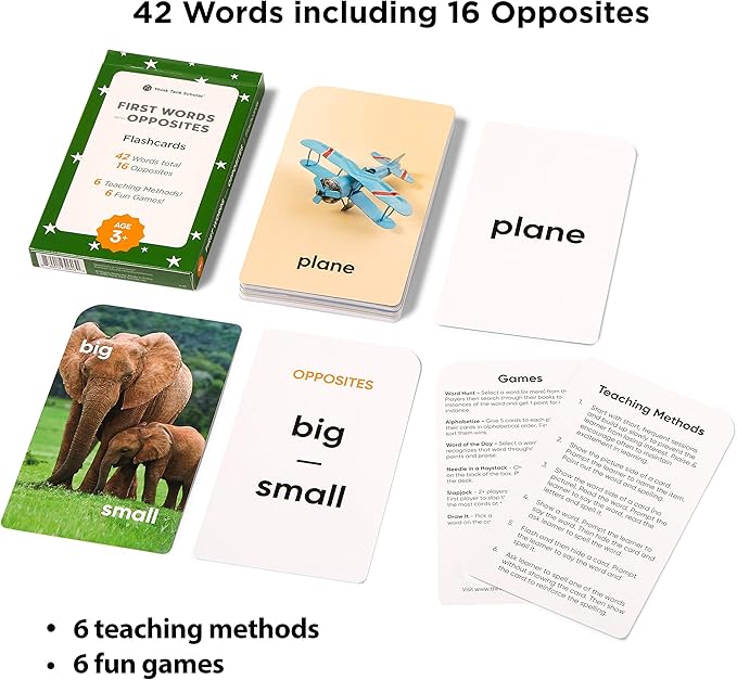 Award-Winning First Words & Opposites Flash Cards for Kids Ages 2-8 – 36 Durable Cards with Real Pictures – Preschool, Kindergarten & Early Elementary Learning