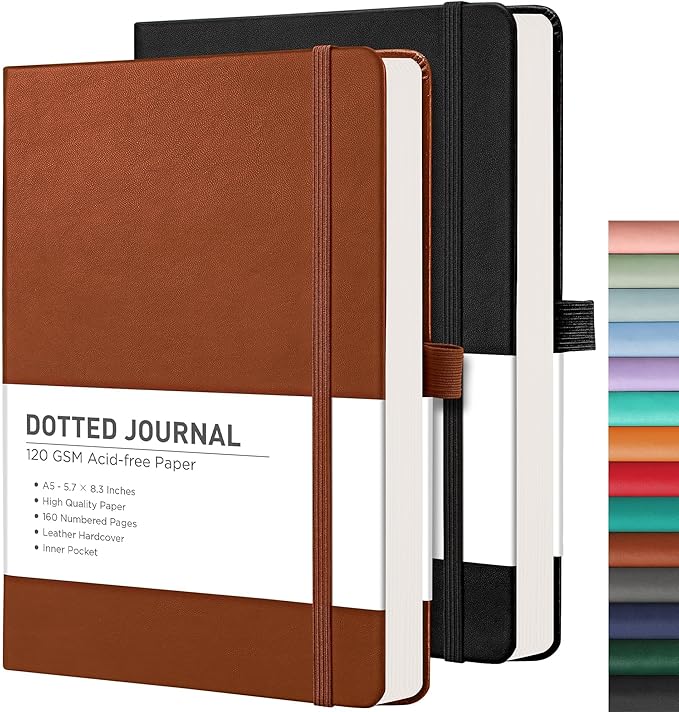 RETTACY Dotted Journal Notebook, 2-Pack, 160 Numbered Pages per Pack, A5 Medium Size (5.7'' x 8.3''), 120 GSM Thick Paper, Leather Hardcover, for Journaling, Planning, Tracking (Black & Brown)