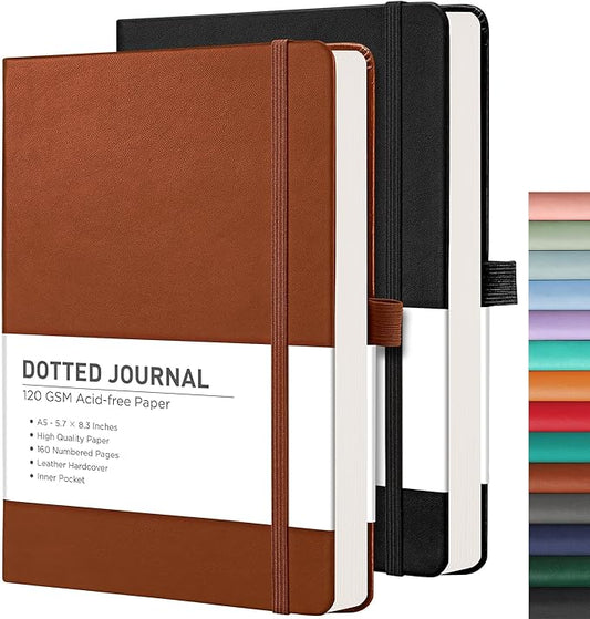 RETTACY Dotted Journal Notebook, 2-Pack, 160 Numbered Pages per Pack, A5 Medium Size (5.7'' x 8.3''), 120 GSM Thick Paper, Leather Hardcover, for Journaling, Planning, Tracking (Black & Brown)