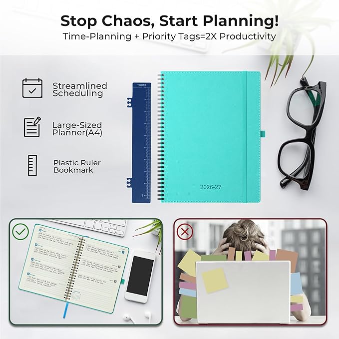 Planner 2026-2027 Daily Weekly and Monthly,11.5"x8.5",18 Months Spiral Bound Calendar Agenda with Self-adhesive Pen Holder,2026 Academic Plan with Vegan Leather Soft Cover,Light Blue