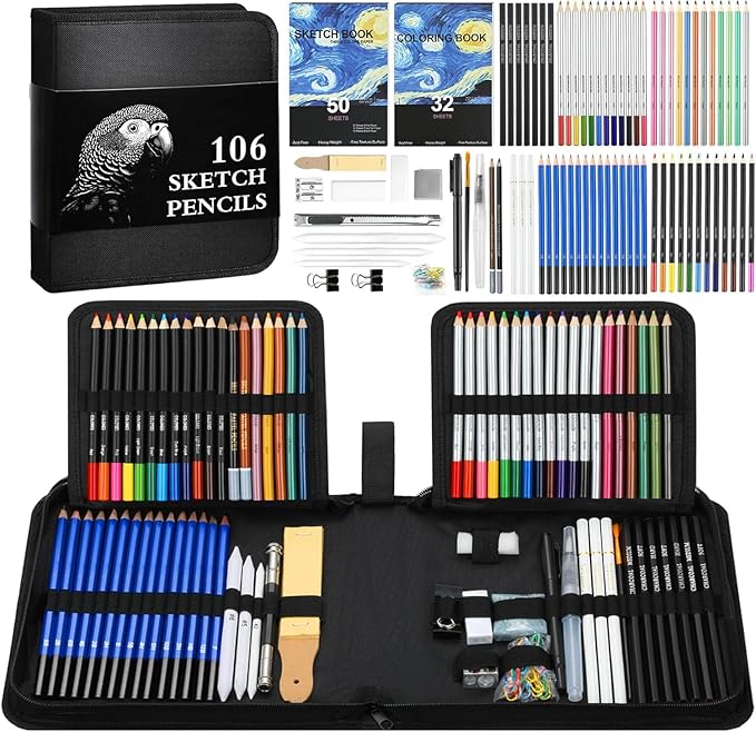 TMOL 106 Pack Art Supplies Sketching Kit with 3-Color Sketch Book, Coloring Book, Drawing Pencils with Graphite Colored Charcoal Watercolor & Metallic Pencils, Art Kit Gifts for Artist Adults Kid