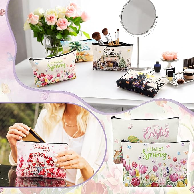 Reginary 12 Pcs Seasonal Makeup Bags, Summer & Festival Themed Cosmetic Bags with Zippers, Gnome Floral Pouch Bulk, Appreciation Gifts for Women, Teacher, Travel Holiday Party Supplies