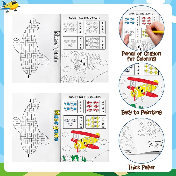 JAPBOR Airplane Party Coloring Books - 24PCS Mini Airplanes Theme Activity Color Book Bulk for Kid Party Favors, Cartoon Plane Small Colouring Pages for Birthday Gifts Class Drawing Painting Game