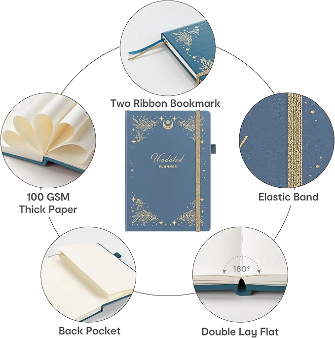 And Per Se Undated Planner, Weekly & Monthly Planner with Goal & Habit Tracker, A5 Leather Hardcover Productivity Journal for Academic Year (Stardust Blue)