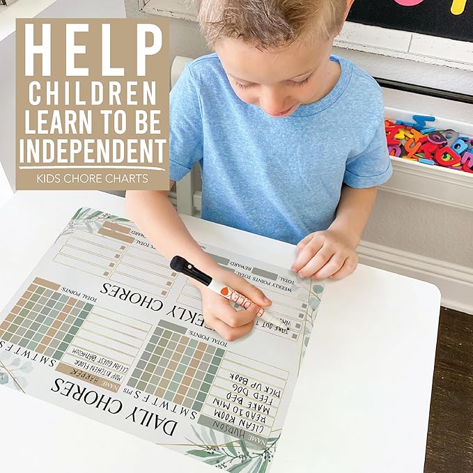 Hadley Designs Magnetic Chore Chart for Kids Multiple - Chores Board for Refrigerator, Dry Erase Task Chart for 2 Kids Daily Behavior, Family Weekly Planner for Teens and Adults, Greenery Chore Board