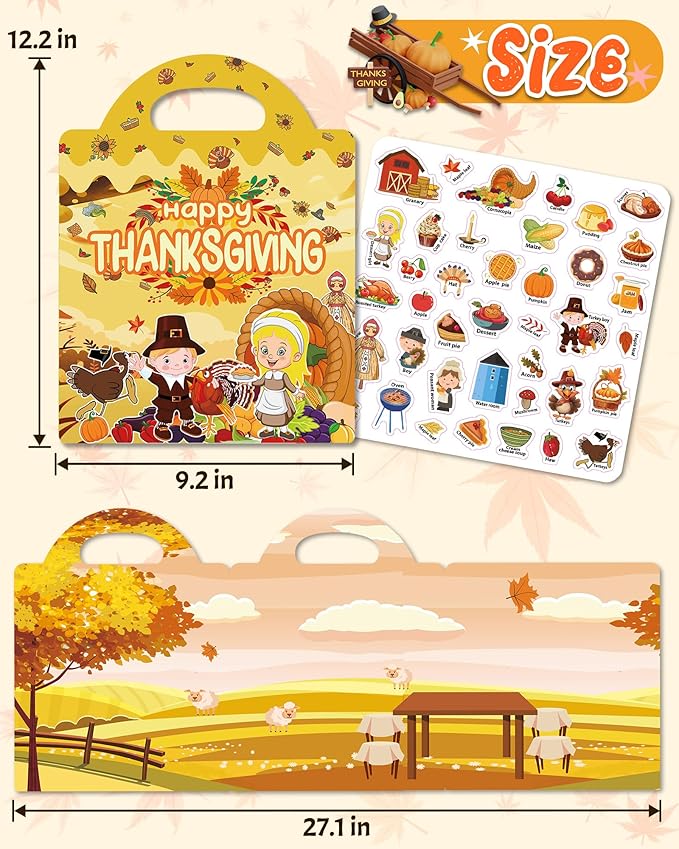 Benresive Reusable Sticker Book for Toddlers, Stickers for Kids, Travel Toys for Arts & Crafts Activities, Birthday Gift for Boys & Girls, Thanksgiving Themes