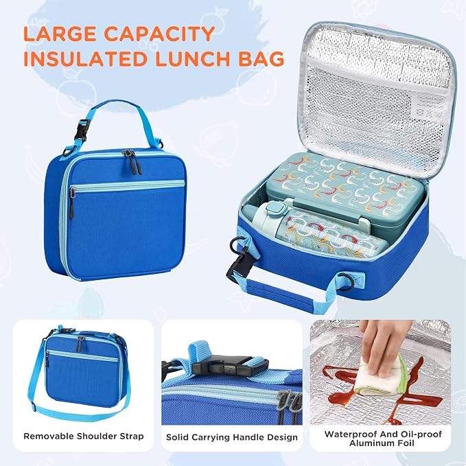 MAISON HUIS Bento Box for Kids with 8oz Soup Thermo, Insulated Lunch Bag & 17oz Water Bottle, 2-Compartment Bento Box with Built-In Ice Pack, Leak-Proof & BPA-Free