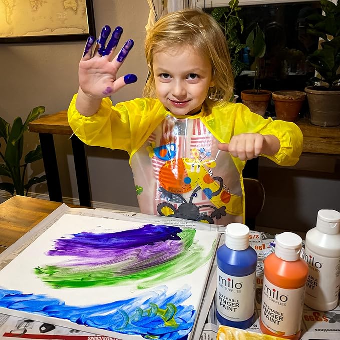 milo Kid's Washable Finger Paint Set of 8 Colors | 16 oz Bottles | Safe and Non-Toxic | Made in the USA | Art & Craft Paints for Kids, Toddlers, Pre School Supplies Painting Set for Children | Easy