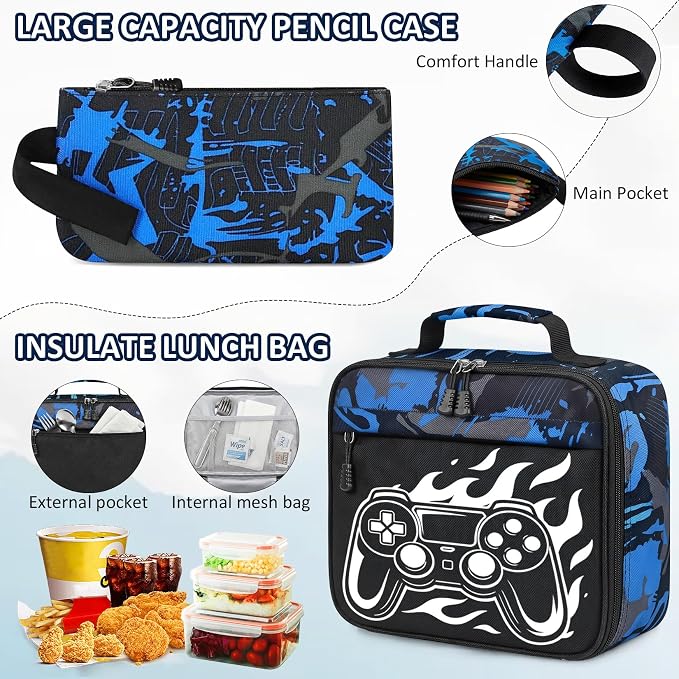 School Backpack for Boys - 4pcs Gamer Boys Backpack with Lunch Box Set for Kids Teens Elementary Middle High School,18″ Large Capacity Students Bookbag with Usb Charging Port & Key-chain