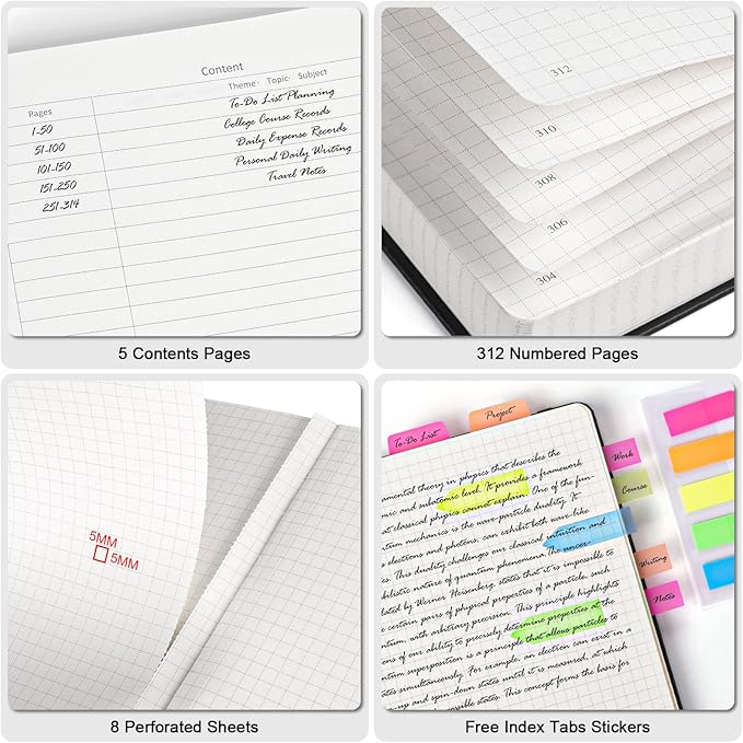 Graph Paper Notebook, 312 Numbered Pages A5 Hardcover Leather Journal, 100gsm No Bleed Grid Paper Notebook with Index Pages, Grid Notebook for Graphing Notes Math, 5.75" x 8.38", Grey Blue