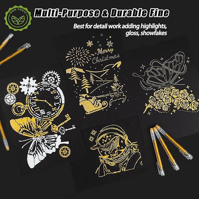 Qionew Gold Gel Pens, 1.0mm Gold Gel Ink Pen Set,Opaque Ink, Gel Pen for Artists, 4 Pack, for Black Paper Drawing, Bullet Journaling, Card Making, Art Highlight & Artists Drawing