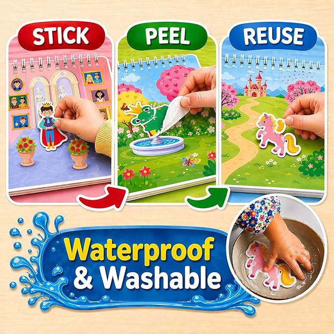 QUOKKA Jelly Sticker Books for Toddlers 1-3, 10 Fairy Tale Themes Unicorn Princess Mermaid, 40+ Large Thick Reusable Stickers, Waterproof Washable Toddler Activity Busy Book, Travel Toy