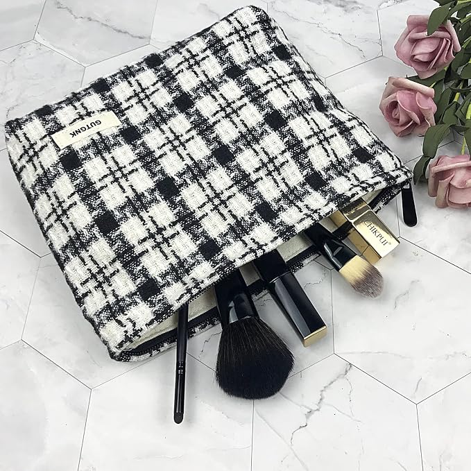GUTGNK Corduroy Ladies Cosmetic Bag, Large Capacity Canvas Cosmetic Bag Travel Toiletry Bag Accessories Organizer, Black Check