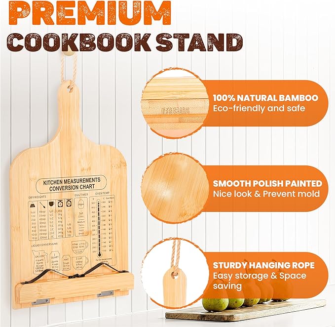 [Upgraded] Adjustable Bamboo Cookbook Stand with 7-Angles, Conversion Chart, Page Grips, Recipe Cookbook Holder for Kitchen Counter, Kitchen Book Stand for Cookbook, Textbook, Tablet, Gift for Women