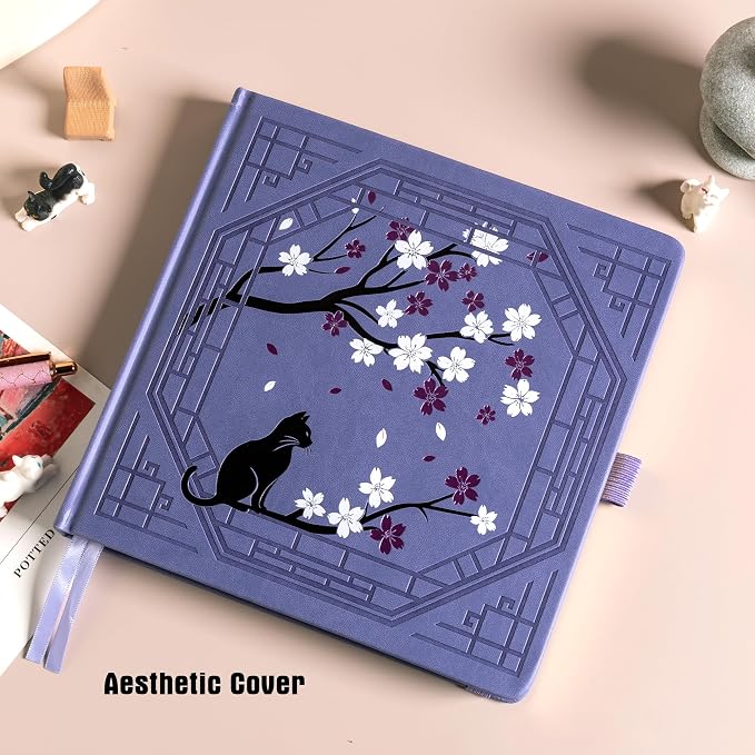 TIEFOSSI Square Dotted Journal, Cute Cat Journal for Women Girls, Dot Notebook with Pretty Sakura Pattern, Aesthetic Diary for Writing Journaling Drawing, Golden Edges, 8 x 8 IN