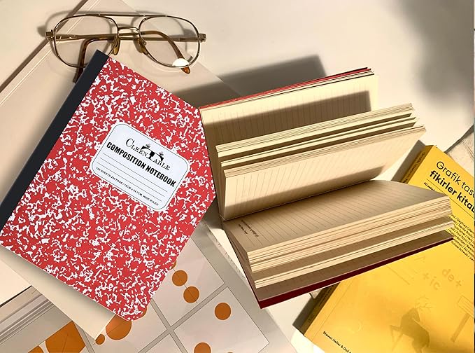 CLEENTABLE Composition Notebook 12 Pack, Wide Ruled Paper, Marble Cover Notebooks for School, 9.75 x 7.5 Inches, 100 Sheets (200 Pages), Sewn Binding Comp Books, Red