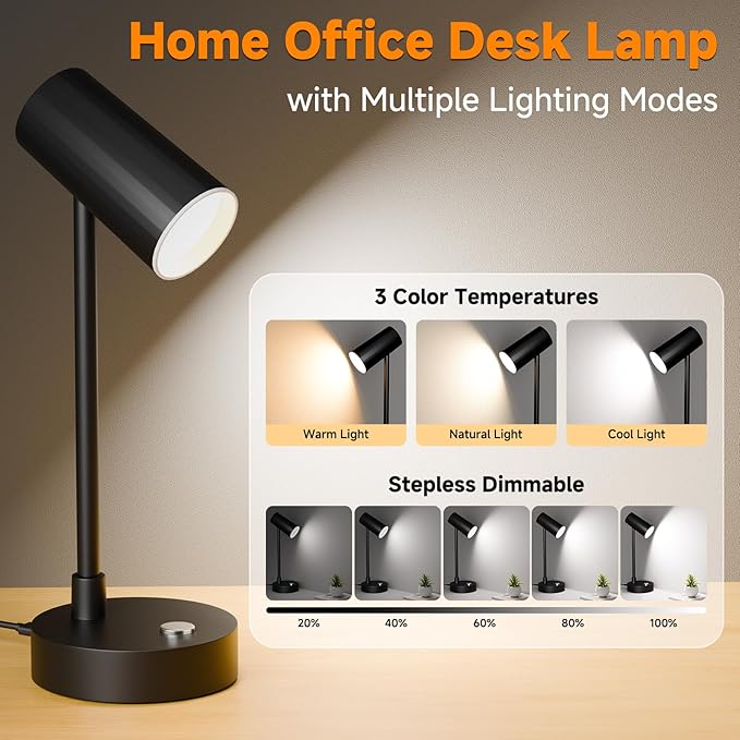 ShineTech LED Desk Lamp for Home Office, Dimmable Table Lamp with 3 Color Modes & Adjustable Brightness, USB-C Port, Touch Control, Eye-Caring Reading Lamp for Bedside, Study, Work