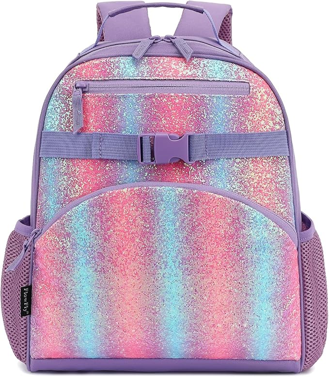 FlowFly Kids Backpack for Toddler Boys Girls, Simple Lightweight Bookbag for Daycare Kindergarten Elementary School Travel, Small Modern Bag (Medium 15''), Purple#Glitter