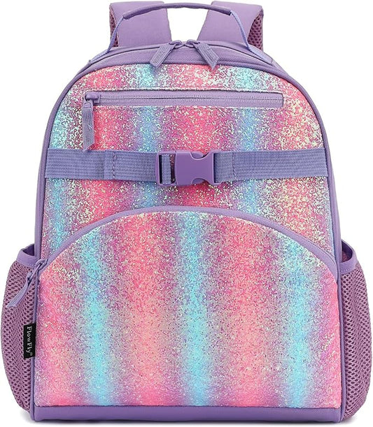 FlowFly Kids Backpack for Toddler Boys Girls, Simple Lightweight Bookbag for Daycare Kindergarten Elementary School Travel, Small Modern Bag (Medium 15''), Purple#Glitter