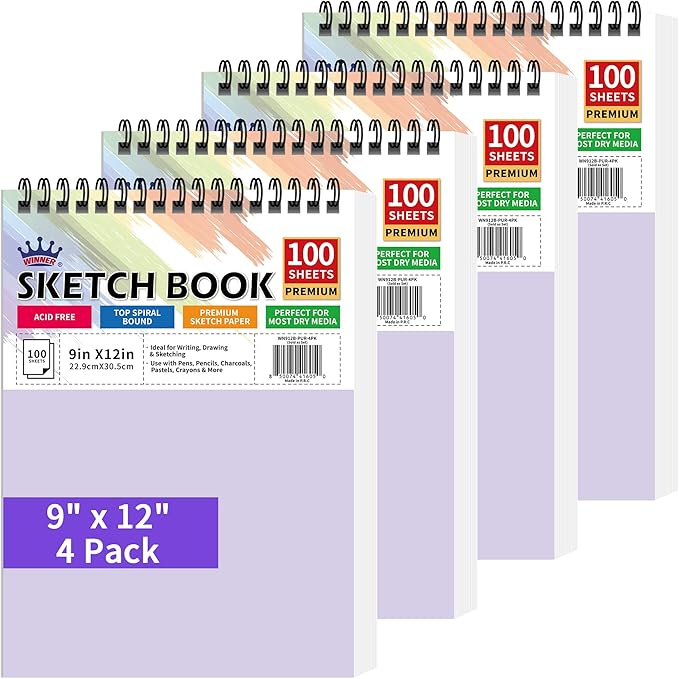 WINNER 9" x 12" Sketch Book 4 Pack, 400 Sheets Spiral Bound Art Sketchbook, 68lb/100gsm White Acid Free Drawing Pad, Sketching Drawing Writing Sketch Pad for Kids, Adults, Art Supplies for School