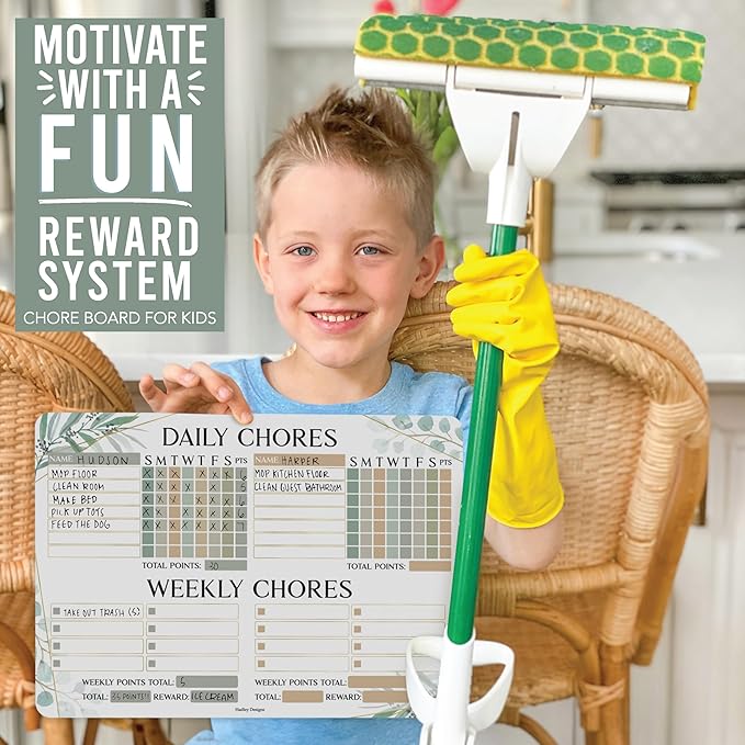 Hadley Designs Magnetic Chore Chart for Kids Multiple - Chores Board for Refrigerator, Dry Erase Task Chart for 2 Kids Daily Behavior, Family Weekly Planner for Teens and Adults, Greenery Chore Board