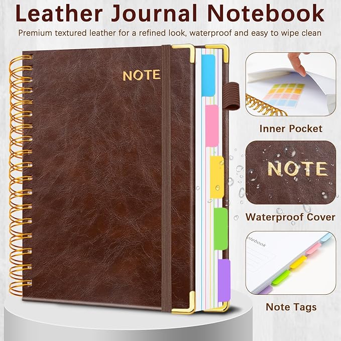 Hardcover Spiral Notebooks for Work 8.5''x 11'', 300 Pages 5 Subject Notebook with Dividers & Tabs, A4 Spiral Journal for Women, College Ruled Notebooks for School Note-Taking (Dark Brown)