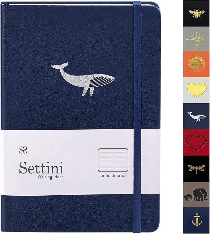 SETTINI Lined Journal, Ideal for Journaling - A5 Vegan Leather Notebook, 192 Archival-Quality Pages, QuillEase Bleed-Free Paper, Inner Pocket & Bookmark - Whale Gifts, Navy Whale
