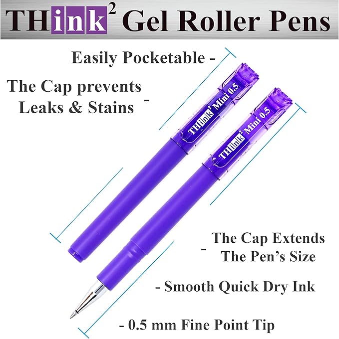 THINK2MASTER [24 Pens - Purple Ink Think2 0.5mm Pocketable Gel Pens. (24 Purple) Fine Point Rollerball Pens with Smooth Quick Drying Ink.