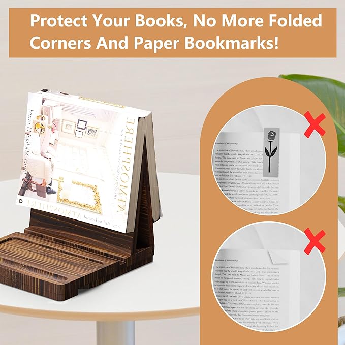 Triangle Book Holder Stand, Wooden Book Nook Reading Valet, Book Rest with Cup, Glasses & Pen Holder, YITOBA Book Display Stand for Reading in Bed, Coffee and Book Lovers (Brown)