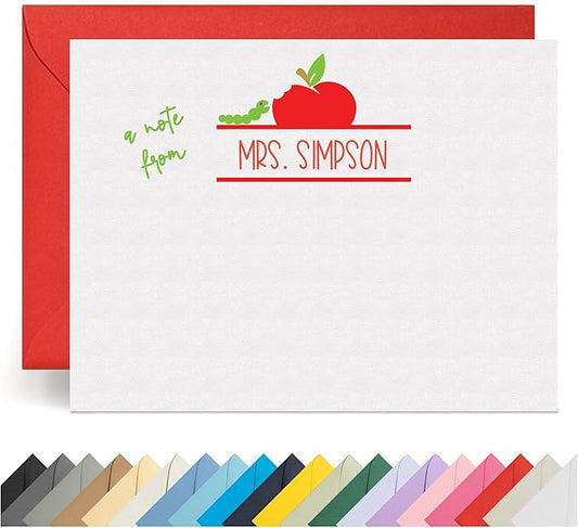 Personalized Stationery Teacher Note Cards with Envelopes – Custom Minimalist Thank You Cards, 12 Flat Note Cards & Colored Envelopes – Crush-Resistant Gift Packaging (Apple with Worm)