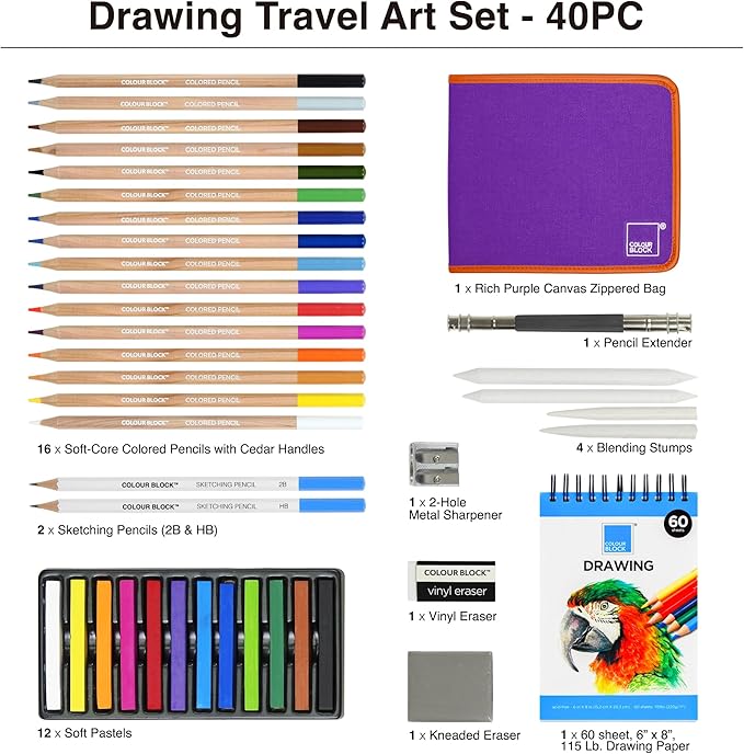 COLOUR BLOCK Drawing Travel Art Set - 60 sheets 6 x 8 Inches Drawing Pad,16 wood Colored Pencils, 12 Soft Pastels Set, 2 Sketching Pencils, and 8 Assorted Tools
