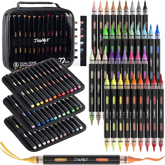 JusArt Acrylic Paint Markers 72 Colors, 36 Dual-Tip Brush Markers, No Bleed