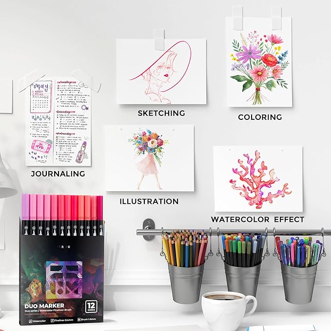 ZSCM Pink Duo Tip Marker Pens, 12 Pack Fine & Brush Markers for Adult Coloring Books No Bleeding, Blushing Pink Markers for Romantic Illustrations, Floral Designs, Cute Doodling and Lettering