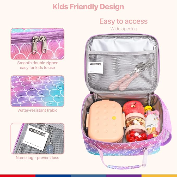 Bagseri Kids Lunch Bag Girls - Thermal Insulated Lunch Box Tote with Water Bottle Holder, Reusable Leak-Proof Kids Lunch Box for Daycare & School, Purple Mermaid Tail (Containers Not Included)