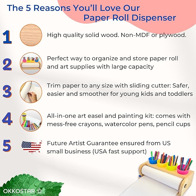 Wooden Tabletop Paper Roll Dispenser with Safety Sliding Cutter - Kids Art Easel with Roll of Paper (11.4”x 98.4ft)- Pencil Cups and Drawing Kit 30 Piece Set (Safety Sliding Cutter)