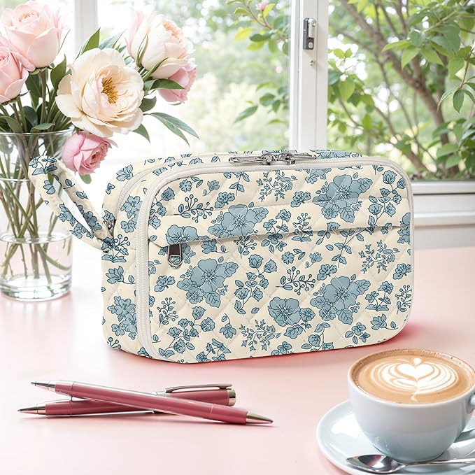WOBAGMEN Quilted Pencil Pouch for Girls Women, Large Pencil Case Pouch with Compartments Cute Aesthetic Pencil Case Organizer, Floral Pencil Bag for School Supplies (blue floral)