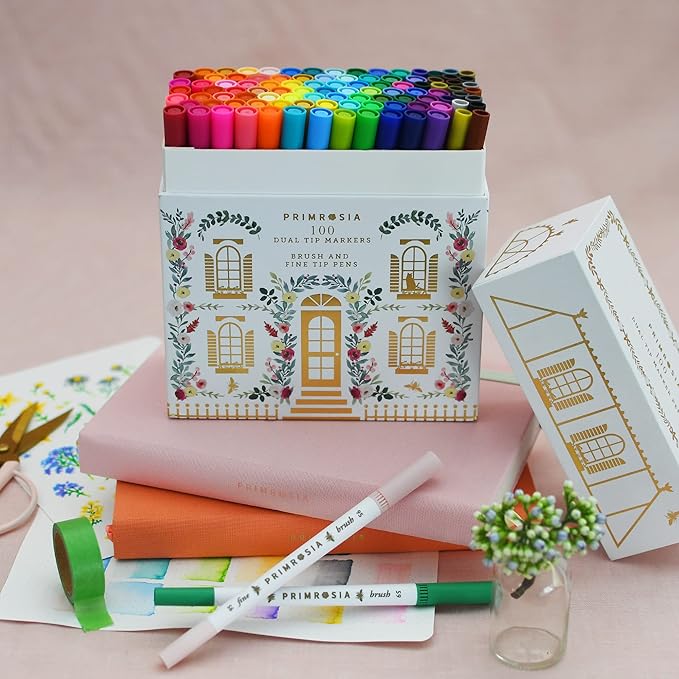 PRIMROSIA 100 Dual Tip Marker Pens, Fineliner and Watercolor Brush Pens for Art Sketching Illustration Calligraphy or Journals Drawing Coloring