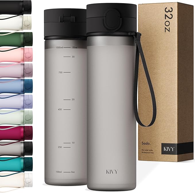 KIVY Slim Water Bottle 32oz with Leakproof Flip Lid [Lightweight & Shatterproof] Fits Backpack & Cupholder for Travel, Sports, School - Tall Gym Water Bottle with Measurements - Dishwasher Safe