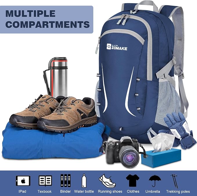 ZOMAKE Lightweight Packable Backpack 35L, Foldable Backpacks Water Resistant Collapsible Light Daypack for Hiking(Navy Blue) | Light Hiking Backpacks Water Resistant Collapsible Day Pack for Travel, Everyday Carry, Multi-Pocket Layout, Heavy Duty Nylon