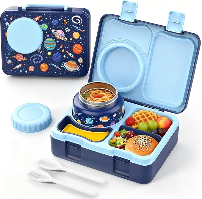 Kids Insulated Lunch Box with 8OZ Thermo Food Jar | Leakproof Bento Box with Ice Pack Sauce Cup Utensils Removable Tray & Dividers for School Daycare Travel, Space